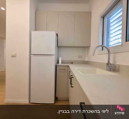 מטבח חדש עם מקרר וכיור ליד חלון